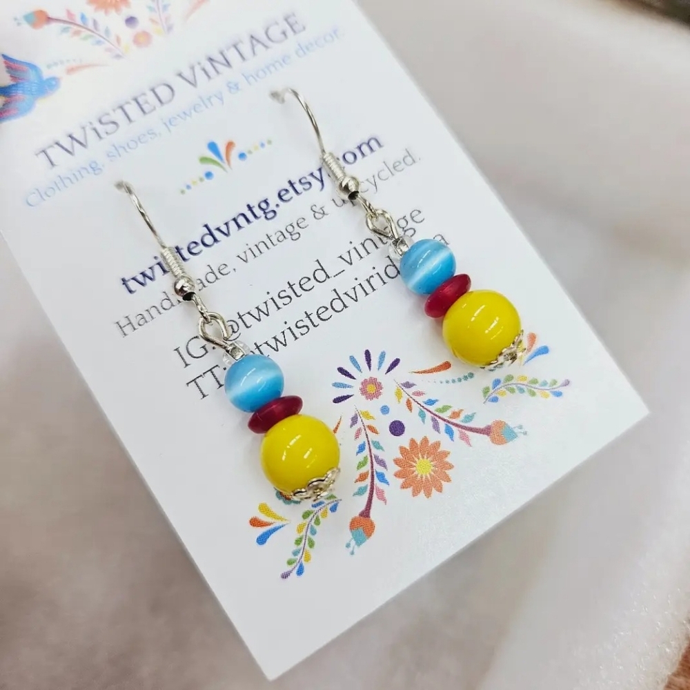 Handmade Glass Bead Dangle Earrings Circus Clown Inspired Red Yellow Blue